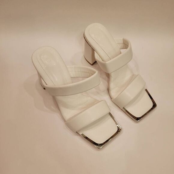 Womens Square Open Toe Mule Sandal with Chunky Block Heel White Sz 8.5 - Picture 4 of 6